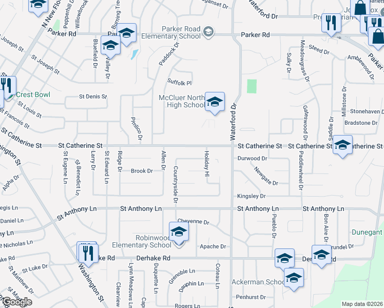 map of restaurants, bars, coffee shops, grocery stores, and more near 2760 Countryside Drive in Florissant