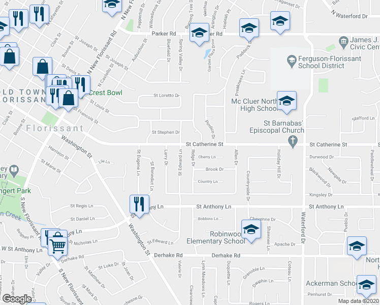 map of restaurants, bars, coffee shops, grocery stores, and more near 2260 Cherry Lane in Florissant