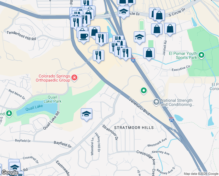 map of restaurants, bars, coffee shops, grocery stores, and more near 3294 Atrium Point in Colorado Springs