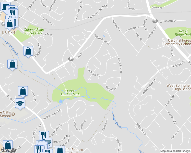 map of restaurants, bars, coffee shops, grocery stores, and more near 9050 Brook Ford Road in Burke
