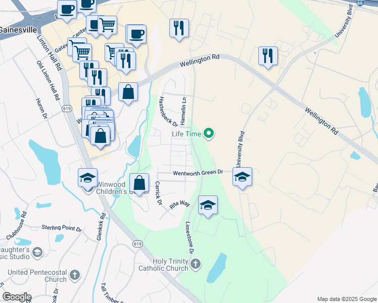 map of restaurants, bars, coffee shops, grocery stores, and more near 7809 Culloden Crest Lane in Gainesville