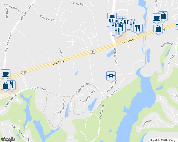 map of restaurants, bars, coffee shops, grocery stores, and more near 14909 Lee Highway in Gainesville
