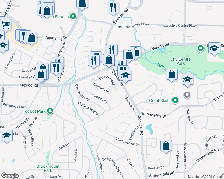 map of restaurants, bars, coffee shops, grocery stores, and more near 230 Spencer Road in St. Peters