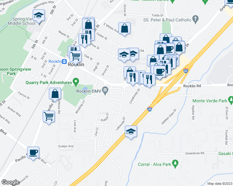 map of restaurants, bars, coffee shops, grocery stores, and more near Autumn Crossing Lane in Rocklin