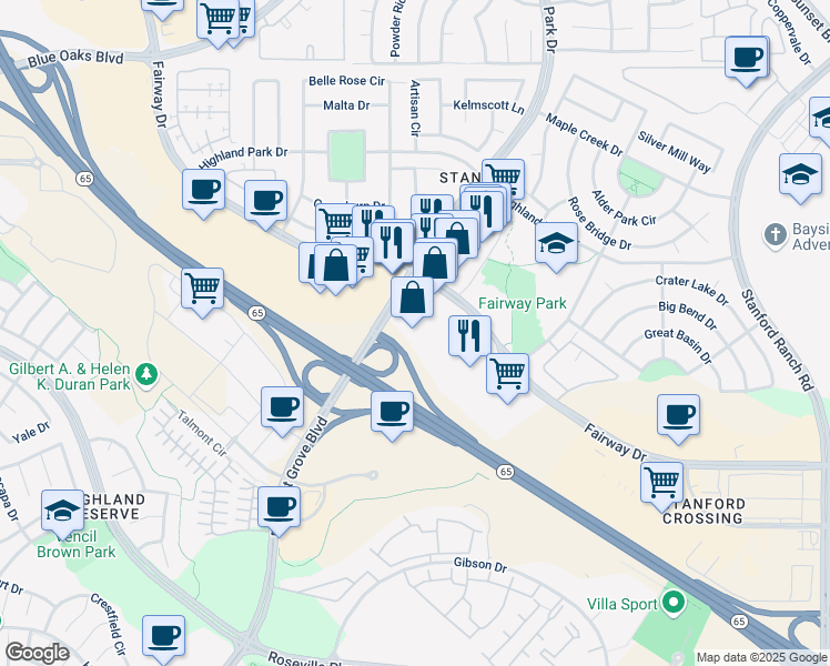 map of restaurants, bars, coffee shops, grocery stores, and more near 10251 Fairway Drive in Roseville