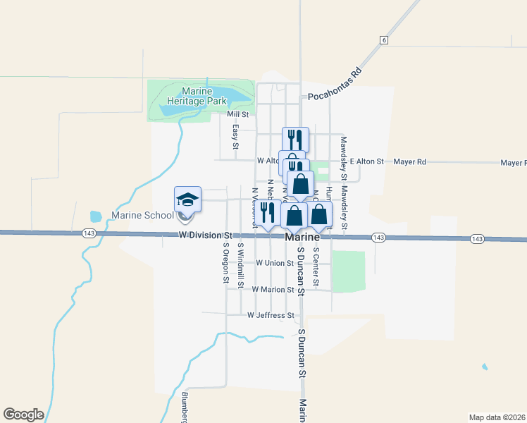 map of restaurants, bars, coffee shops, grocery stores, and more near 121 North Nebraska Street in Marine