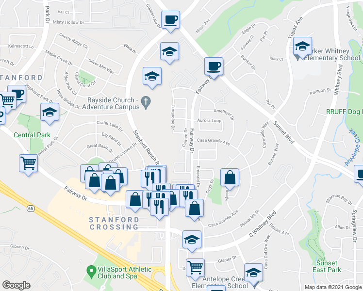 map of restaurants, bars, coffee shops, grocery stores, and more near 6218 Cameo Drive in Rocklin