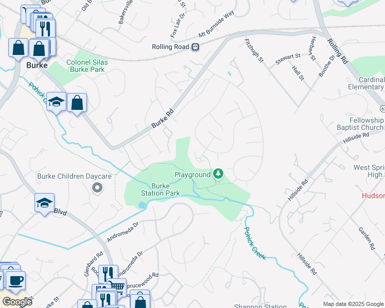 map of restaurants, bars, coffee shops, grocery stores, and more near 6012 Kerrwood Street in Burke