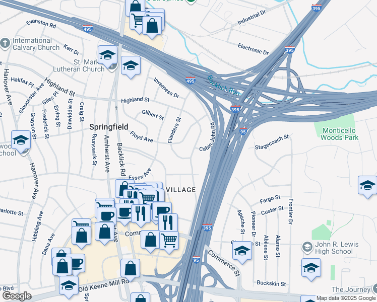 map of restaurants, bars, coffee shops, grocery stores, and more near 5928 Augusta Drive in Springfield