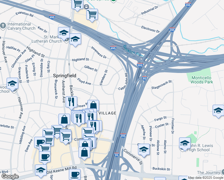 map of restaurants, bars, coffee shops, grocery stores, and more near 5928 Augusta Drive in Springfield