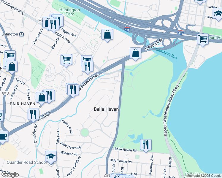 map of restaurants, bars, coffee shops, grocery stores, and more near 6002 Grove Drive in Alexandria
