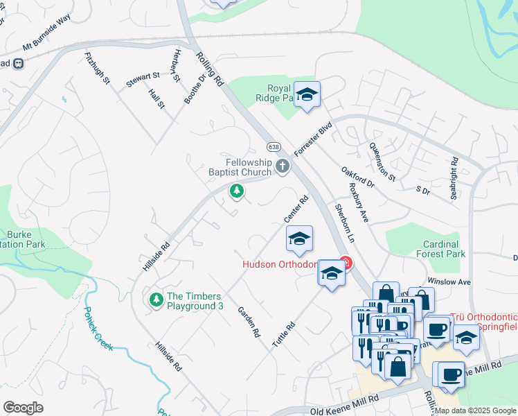 map of restaurants, bars, coffee shops, grocery stores, and more near 8626 James Creek Dr in Springfield