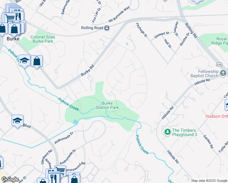 map of restaurants, bars, coffee shops, grocery stores, and more near 9048 Brook Ford Road in Burke