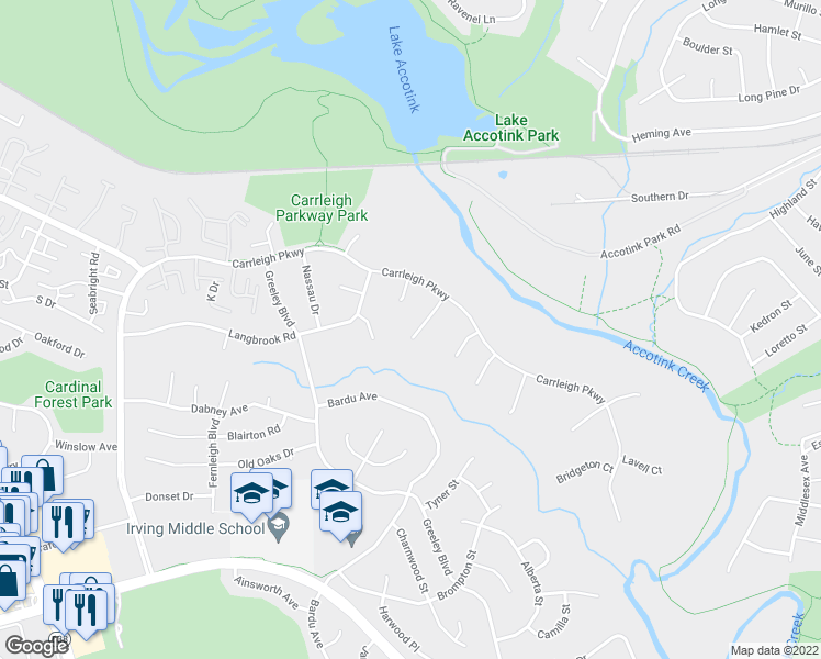 map of restaurants, bars, coffee shops, grocery stores, and more near 6010 Merryvale Court in West Springfield