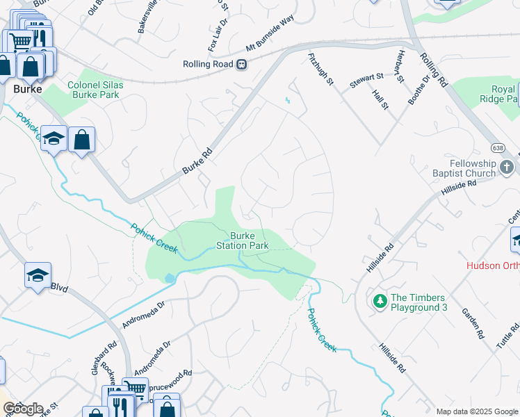 map of restaurants, bars, coffee shops, grocery stores, and more near 9048 Brook Ford Road in Burke