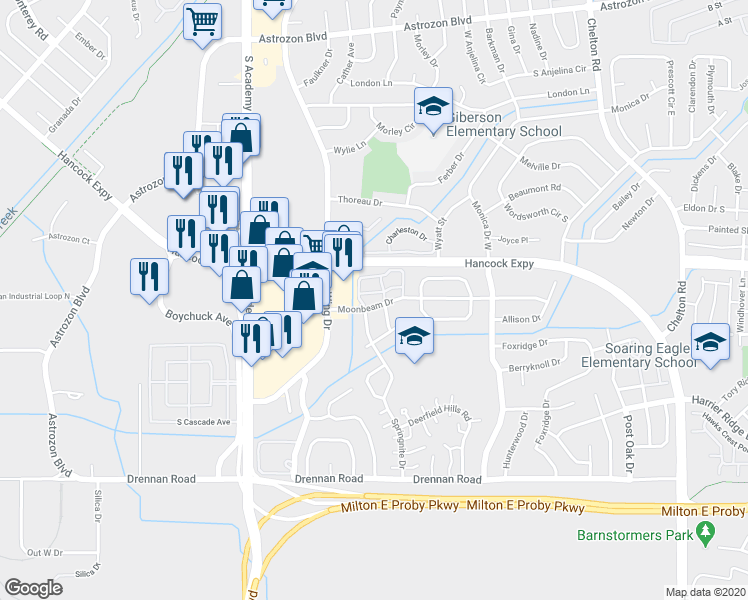 map of restaurants, bars, coffee shops, grocery stores, and more near 3106 Deerfield Hills Drive in Colorado Springs