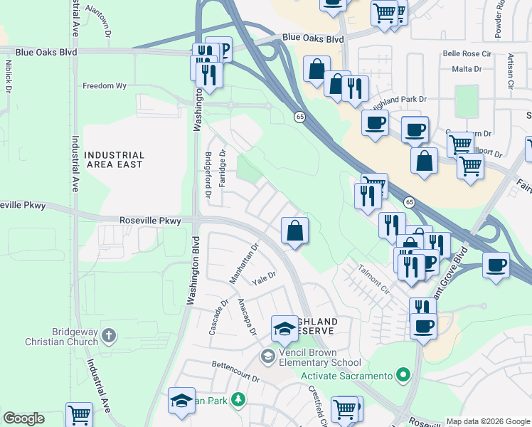 map of restaurants, bars, coffee shops, grocery stores, and more near 11 Silverhorn Court in Roseville