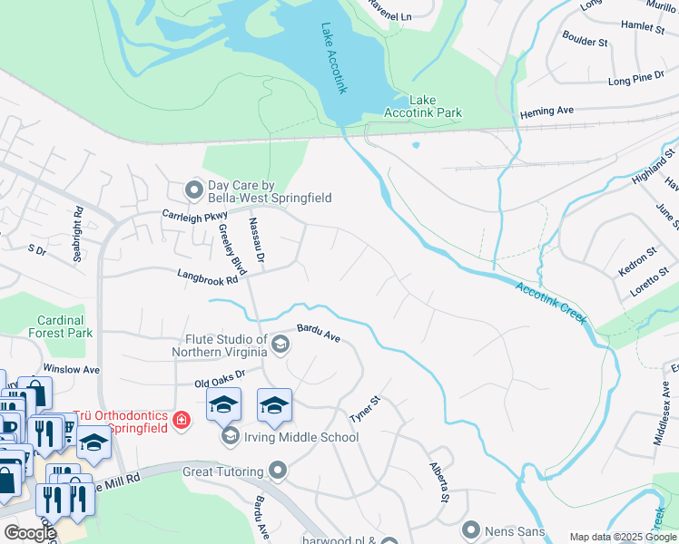 map of restaurants, bars, coffee shops, grocery stores, and more near 6010 Merryvale Court in West Springfield