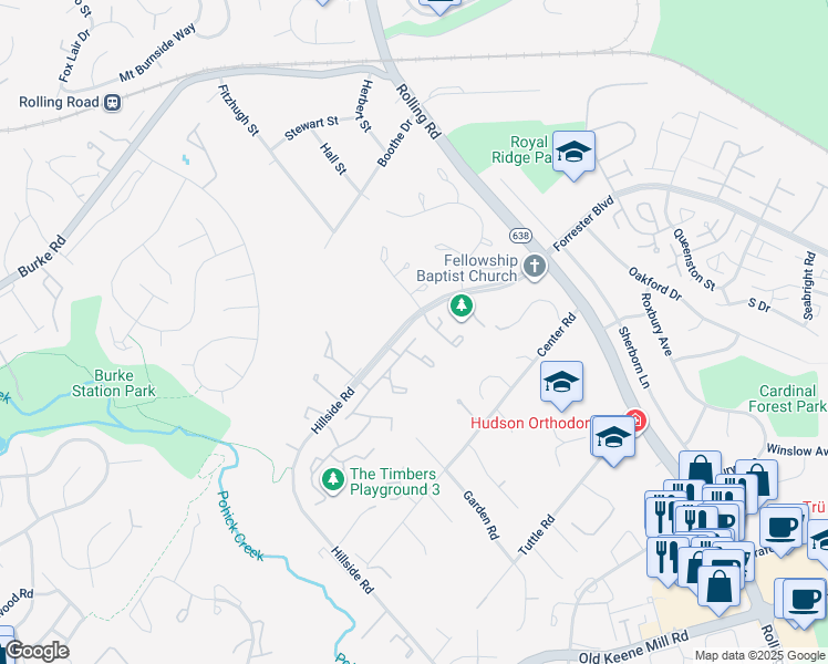 map of restaurants, bars, coffee shops, grocery stores, and more near 8710 Ridge Hollow Court in Springfield