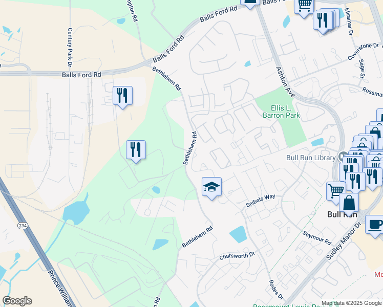 map of restaurants, bars, coffee shops, grocery stores, and more near 11335 Kessler Place in Manassas