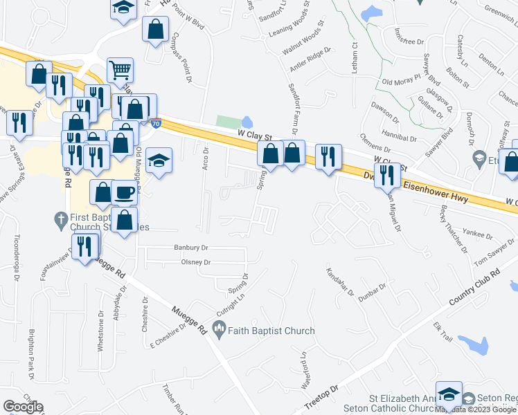 map of restaurants, bars, coffee shops, grocery stores, and more near 138 Wellspring Drive in Saint Charles