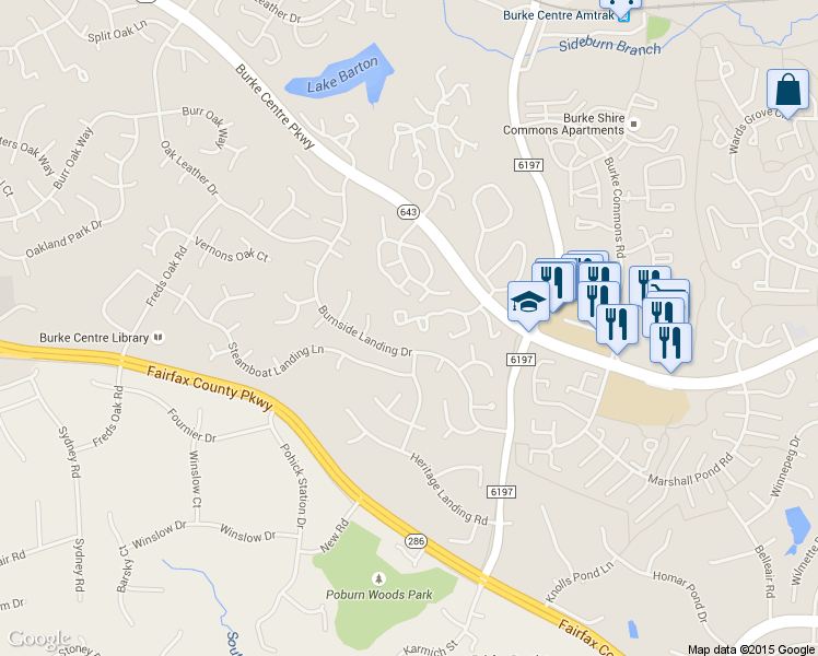 map of restaurants, bars, coffee shops, grocery stores, and more near 6163 Martins Landing Court in Burke