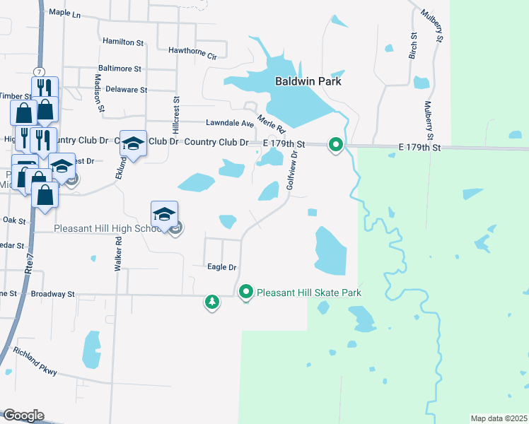 map of restaurants, bars, coffee shops, grocery stores, and more near 303 Golfview Drive in Pleasant Hill