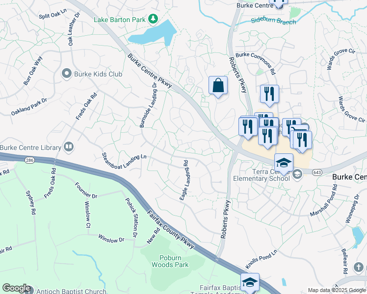 map of restaurants, bars, coffee shops, grocery stores, and more near 6163 Martins Landing Court in Burke