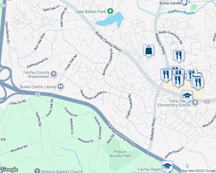 map of restaurants, bars, coffee shops, grocery stores, and more near 6012 Burnside Landing Drive in Burke