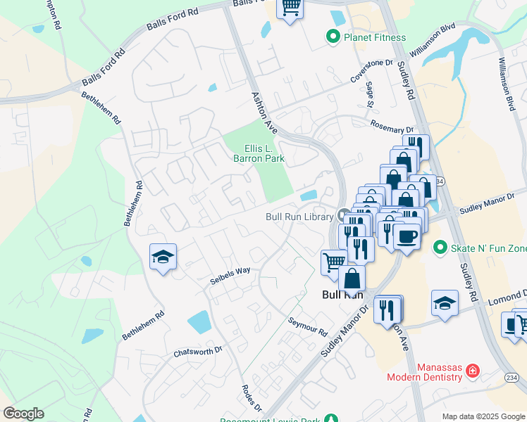map of restaurants, bars, coffee shops, grocery stores, and more near 10654 Winfield Loop in Manassas