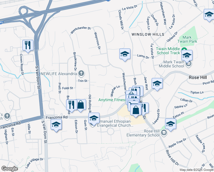 map of restaurants, bars, coffee shops, grocery stores, and more near 6011 Sumner Road in Alexandria