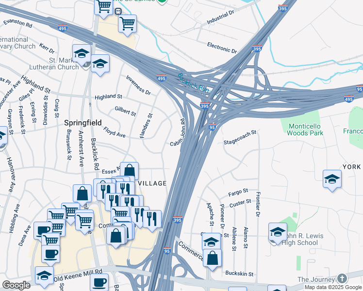map of restaurants, bars, coffee shops, grocery stores, and more near 6708 Cabin John Road in Springfield