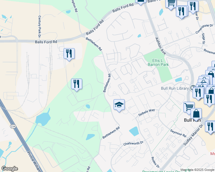 map of restaurants, bars, coffee shops, grocery stores, and more near 11335 Kessler Place in Manassas