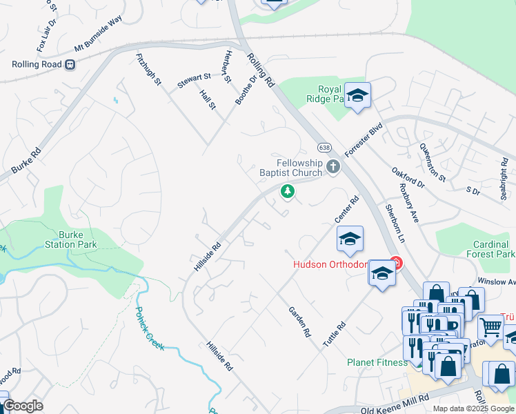 map of restaurants, bars, coffee shops, grocery stores, and more near 8710 Ridge Hollow Court in Springfield