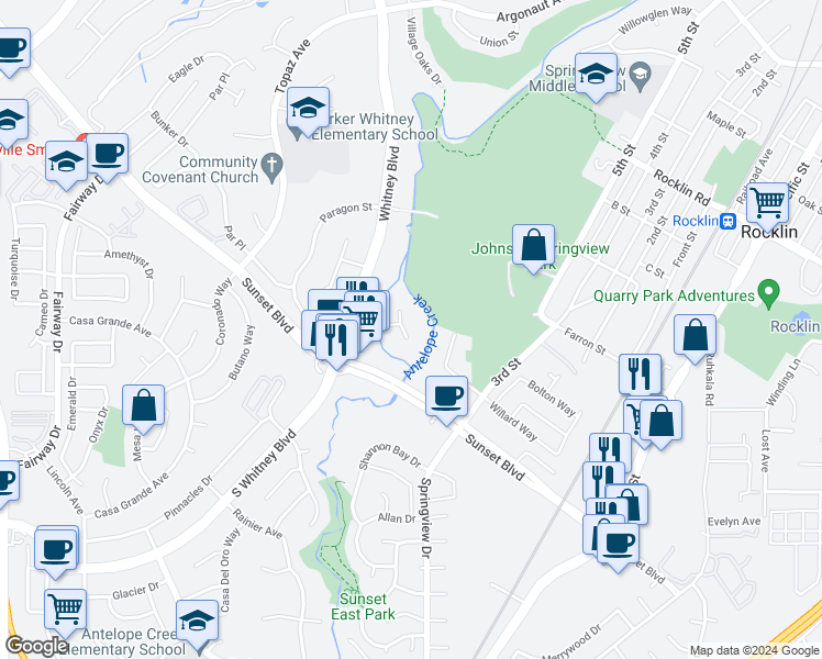 map of restaurants, bars, coffee shops, grocery stores, and more near 5501 Paragon Court in Rocklin
