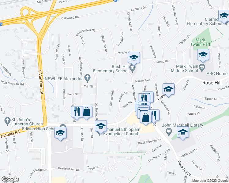 map of restaurants, bars, coffee shops, grocery stores, and more near 6011 Sumner Road in Alexandria