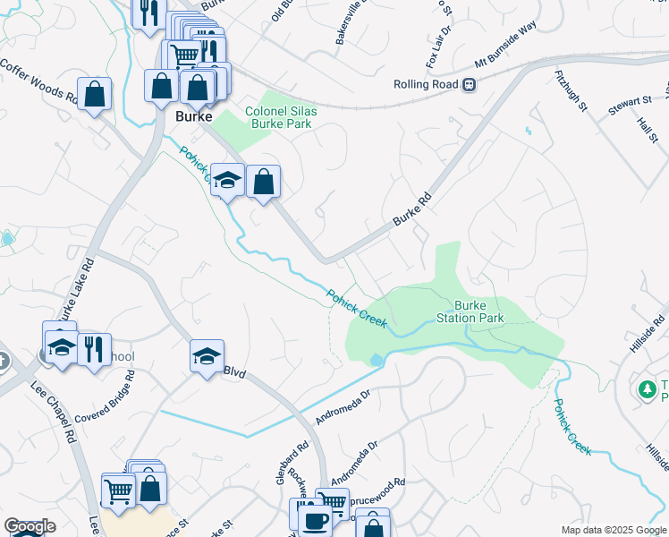 map of restaurants, bars, coffee shops, grocery stores, and more near 6002 Mill Cove Court in Burke