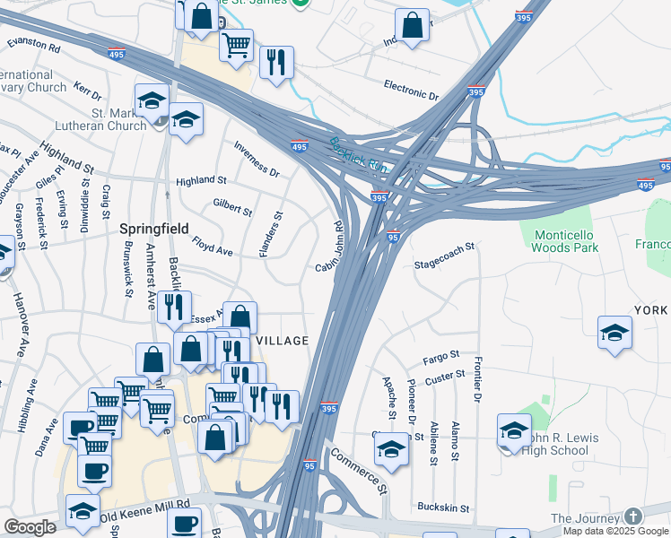 map of restaurants, bars, coffee shops, grocery stores, and more near 6708 Cabin John Road in Springfield