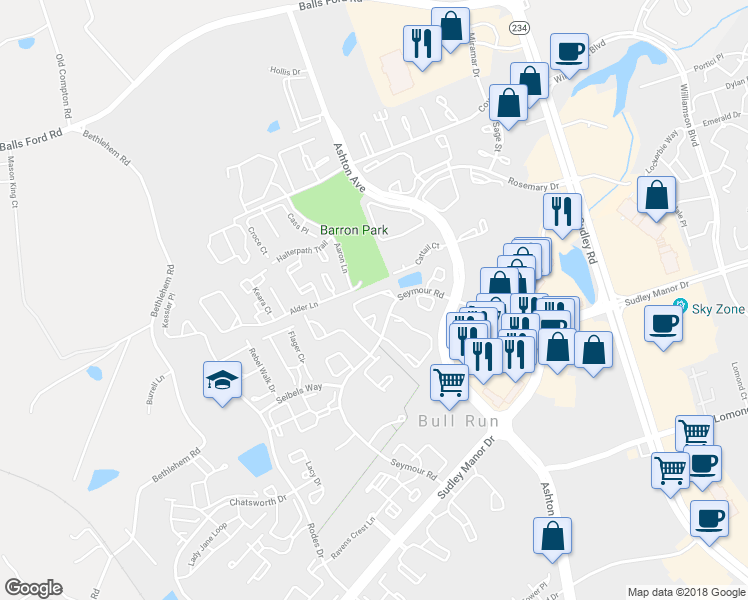 map of restaurants, bars, coffee shops, grocery stores, and more near 10613 Winfield Loop in Manassas