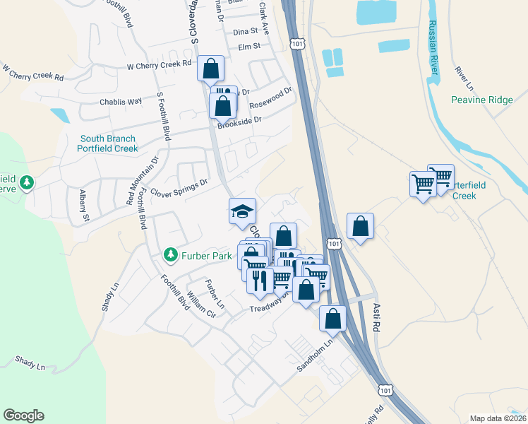 map of restaurants, bars, coffee shops, grocery stores, and more near 55 El Rancho Drive in Cloverdale