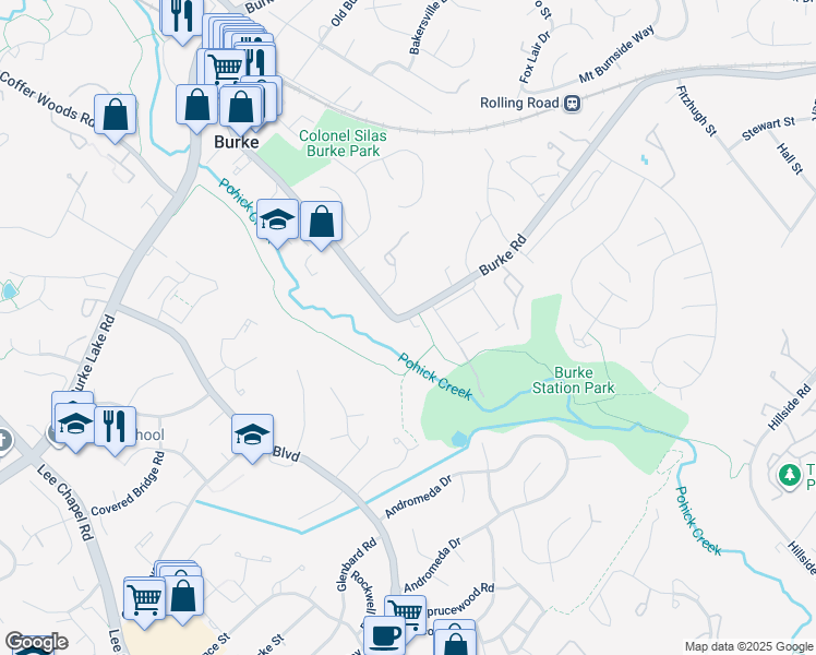 map of restaurants, bars, coffee shops, grocery stores, and more near 6002 Mill Cove Court in Burke