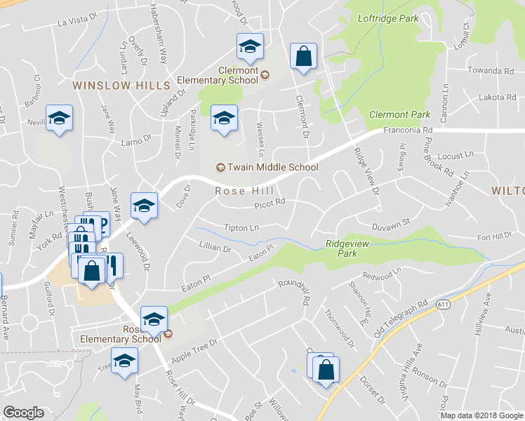 map of restaurants, bars, coffee shops, grocery stores, and more near 4513 Picot Road in Alexandria