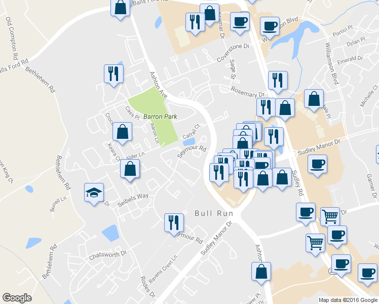 map of restaurants, bars, coffee shops, grocery stores, and more near 7847 Sabre Court in Manassas
