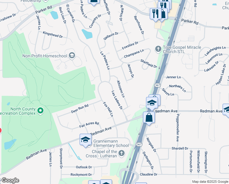 map of restaurants, bars, coffee shops, grocery stores, and more near 11592 Las Ladera Drive in Florissant