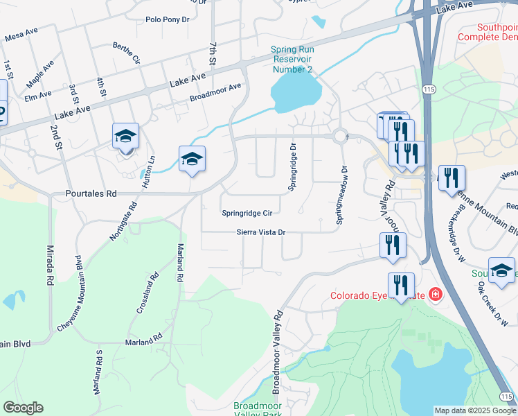 map of restaurants, bars, coffee shops, grocery stores, and more near 3204 Springridge Drive in Colorado Springs