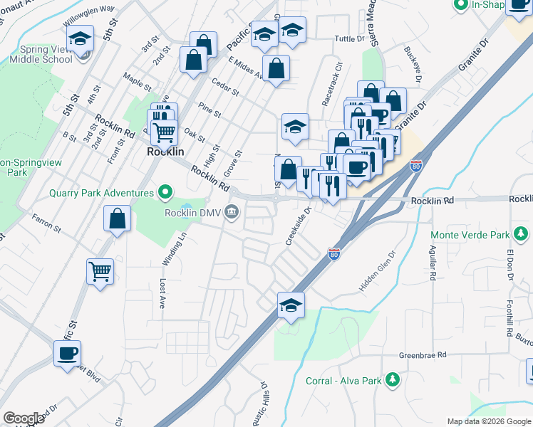 map of restaurants, bars, coffee shops, grocery stores, and more near 4009 Burchard Way in Rocklin