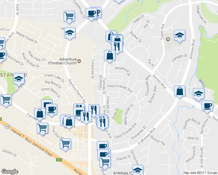 map of restaurants, bars, coffee shops, grocery stores, and more near 3751 Aurora Loop in Rocklin