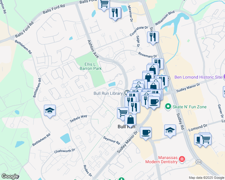 map of restaurants, bars, coffee shops, grocery stores, and more near 7847 Sabre Court in Manassas