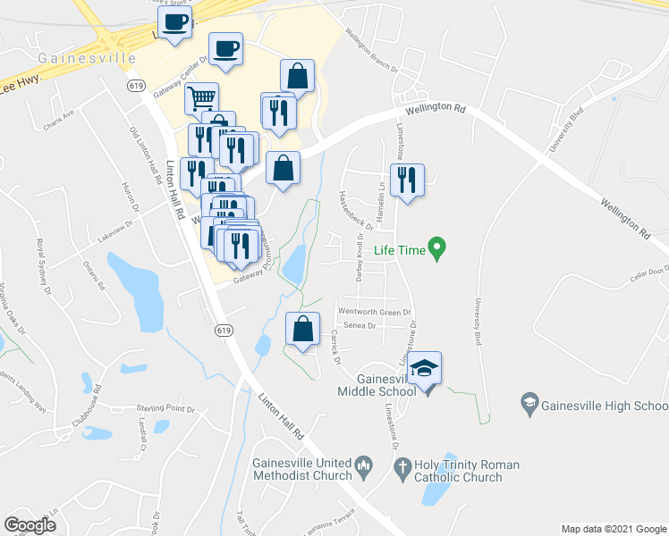 map of restaurants, bars, coffee shops, grocery stores, and more near Rockingham Lane in Gainesville