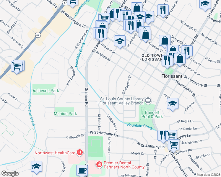 map of restaurants, bars, coffee shops, grocery stores, and more near 240 South Saint Jacques Street in Florissant